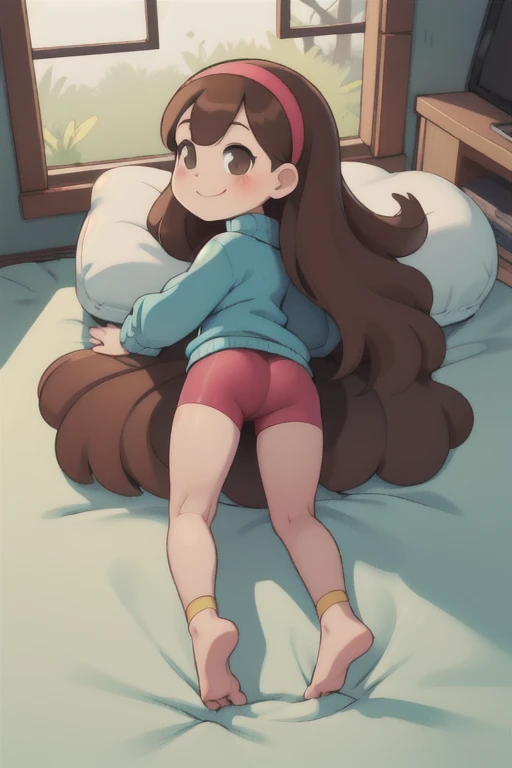 mabel-pines, 1girl, solo, long_hair, smile, brown_hair, hairband, sweater, blush, (((full body))), bike shorts, young, little body, (((sfw))), back view, happy, bed room in Forrest, lies on bed, lies on back, hair loose in different directions