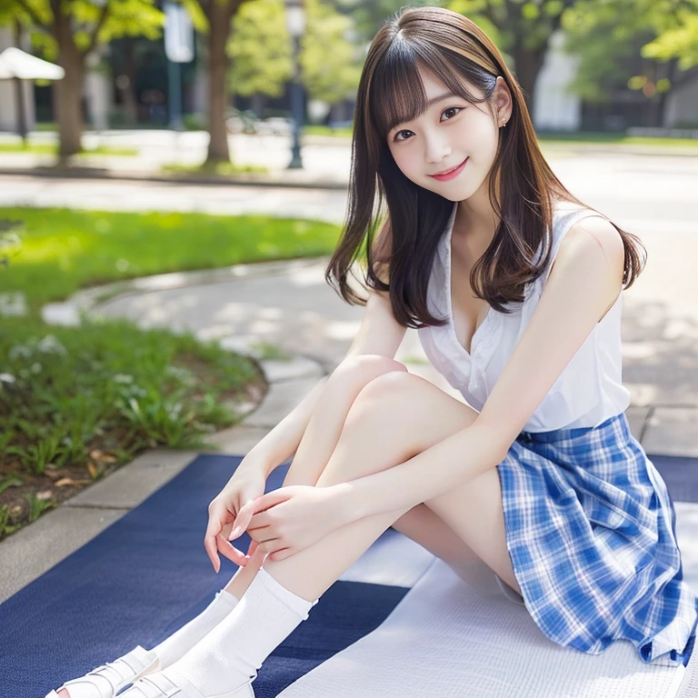 Photo-realistic quality、Japanese woman sitting on a mat in the park, White tops、Pale blue checked mini skirt、Beautiful Japanese girl face, beautiful girlモデル, Realistic young gravure idol, Very beautiful girl, Young and cute gravure idol, beautiful girl, Very beautiful slim legs, Young and pretty girl, Girl cute beautiful face, A shy smile、Soft and gentle expression、looking at the camera