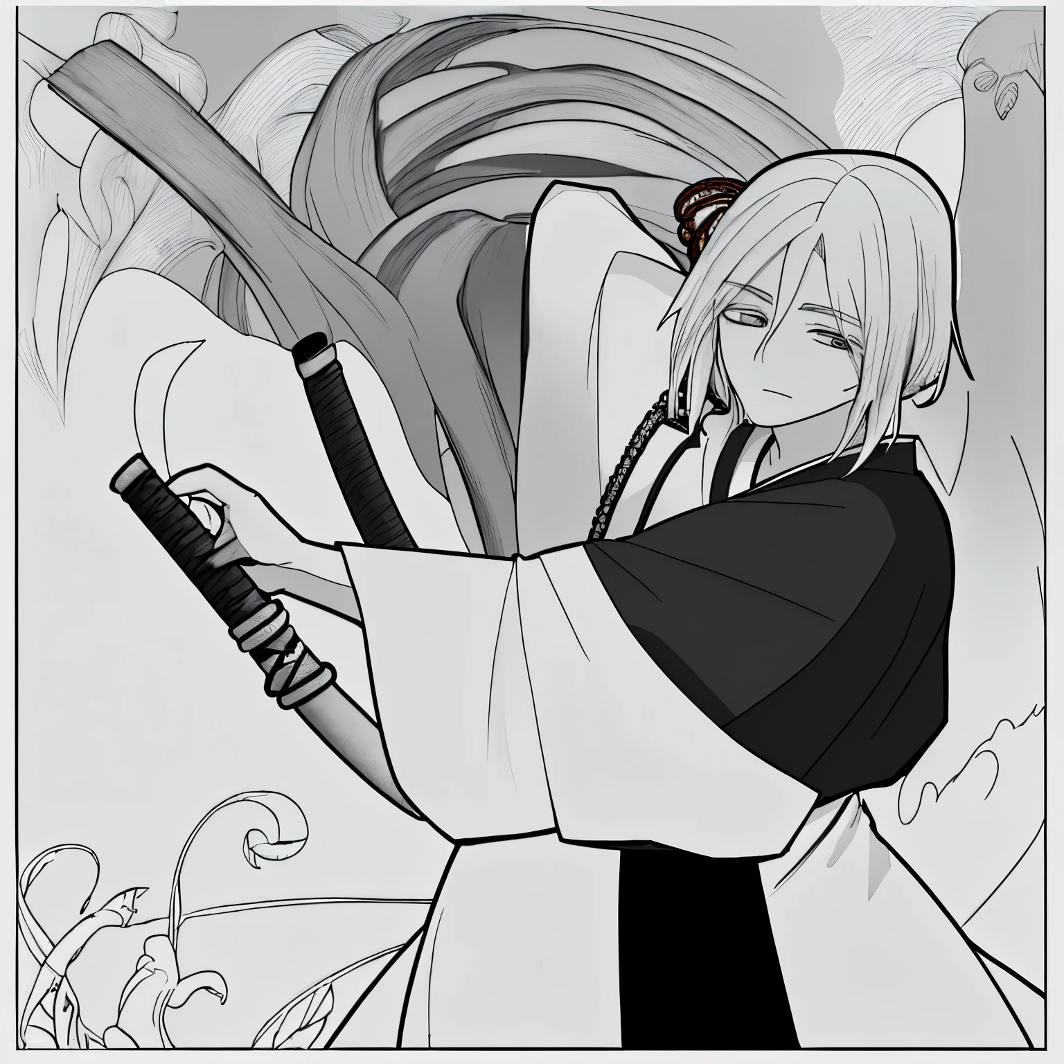 Um homem alto de cabelos pretos e olhos puxadinhos, ele usa um haori branco e preto aberto mostrando seu peitoral e abdomem fortes, He wears loose black pants with a belt where he puts his katana, ele tem uma cicatriz no peito)) ((ele esta sentado no telhado de uma casa anoite observando a vila nevada, (era taisho)