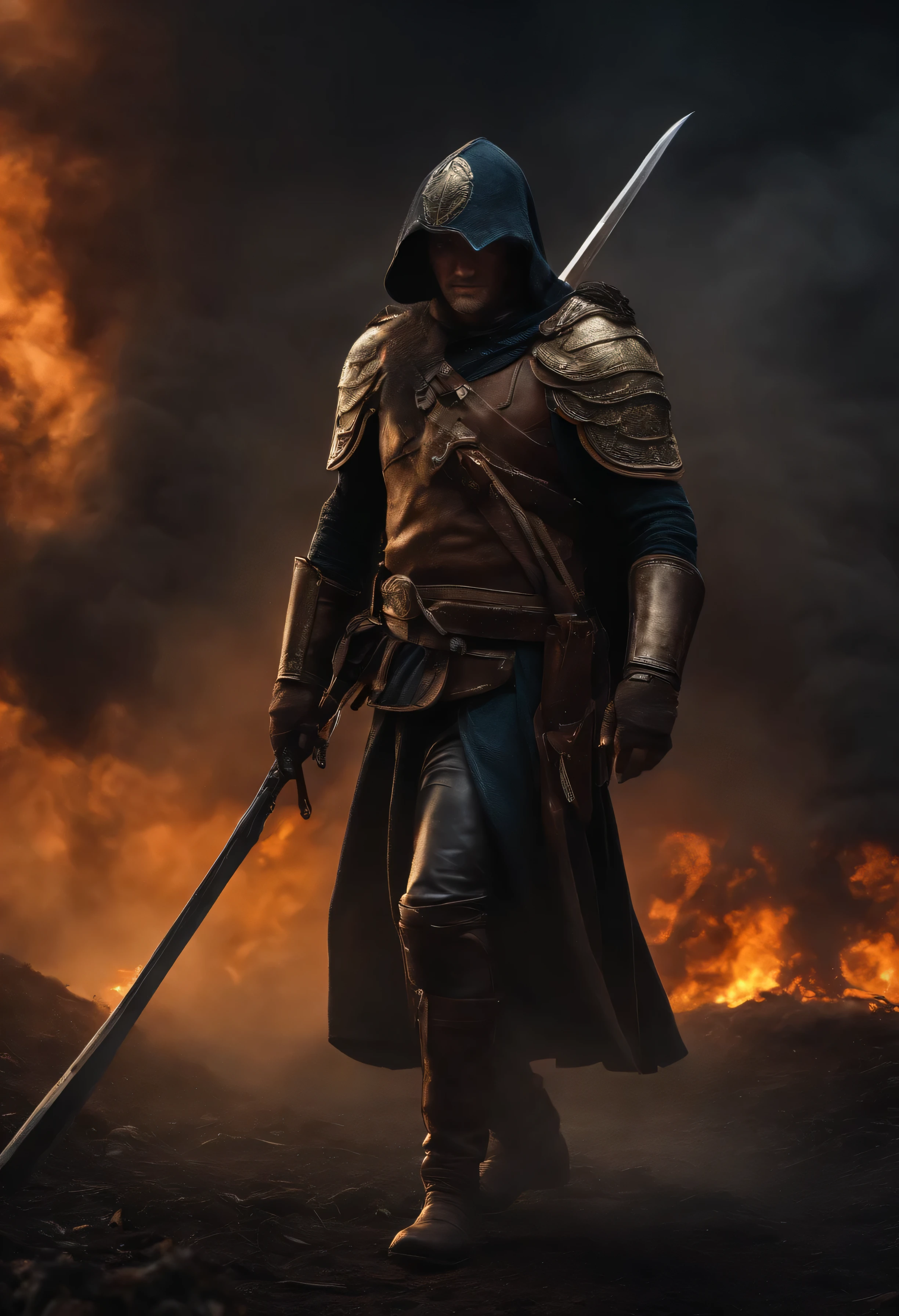 Realistic, 4k, cinemactic, um anjo com grandes asas nas costas, roupas pretas, uma espada, a hood on the head in the background image of the war (caos), master part