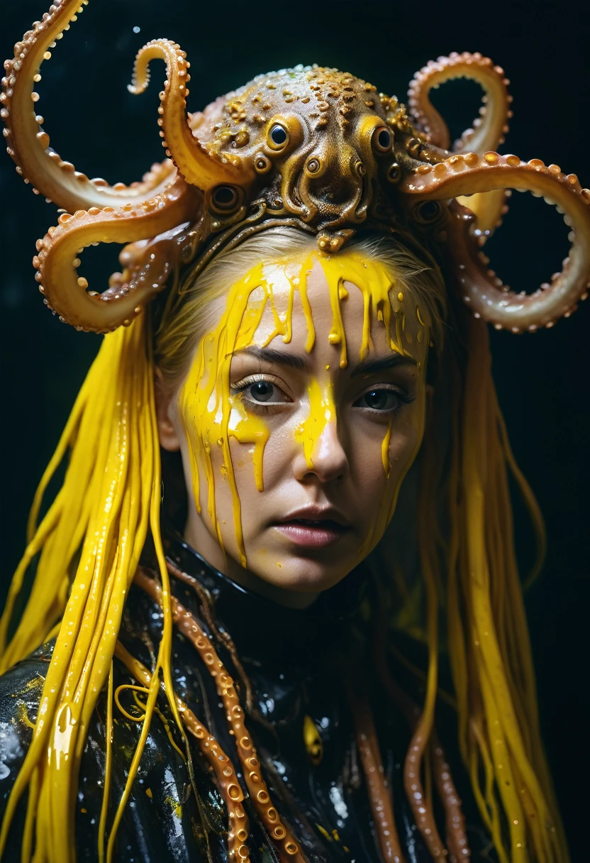 8K, ARTISTIC photogrAphy, best quAlity, mAsterpiece: 1.2), A (potrAit:1.2)  witch  Cthulhu  SAINT, YELLOW-BLACK many octopus style tentacles, full body RAW candid cinema, yellow hair, 16mm, color graded portra 400 film, remarkable color, ultra realistic, sad admosphere, dark lighting, oppressive atmosphere, depressive colors, kodak portra 400, photograph,r, Natural Light, Pinhead lighgts, blur reflection, Brush Strokes, Smooth, abstract, Splatter, Oil On Canvas, rainbow colors, fractal isometrics details bioluminescens : a stunning realistic photograph of wet bone structure, 3d render, octane render, intricately detailed, titanium decorative headdress, cinematic, trending on artstation | Isometric | Centered