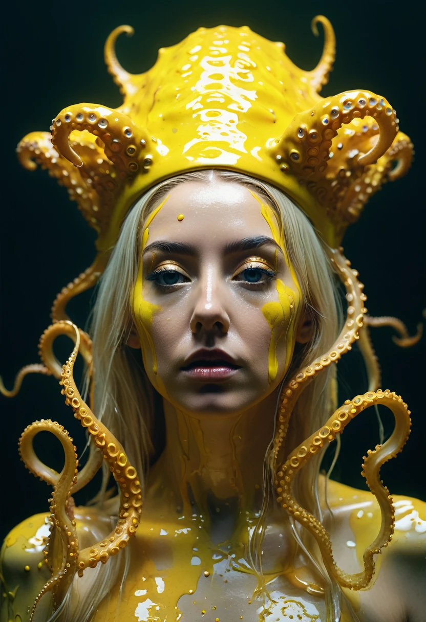 8K, ARTISTIC photogrAphy, best quAlity, mAsterpiece: 1.2), A (potrAit:1.2)  witch  Cthulhu  SAINT, YELLOW-BLACK many octopus style tentacles, full body RAW candid cinema, yellow hair, 16mm, color graded portra 400 film, remarkable color, ultra realistic, sad admosphere, dark lighting, oppressive atmosphere, depressive colors, kodak portra 400, photograph,r, Natural Light, Pinhead lighgts, blur reflection, Brush Strokes, Smooth, abstract, Splatter, Oil On Canvas, rainbow colors, fractal isometrics details bioluminescens : a stunning realistic photograph of wet bone structure, 3d render, octane render, intricately detailed, titanium decorative headdress, cinematic, trending on artstation | Isometric | Centered
