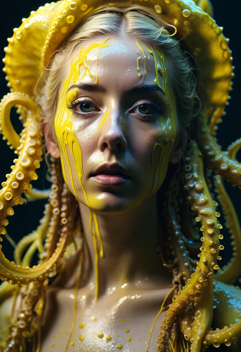8K, ARTISTIC photogrAphy, best quAlity, mAsterpiece: 1.2), A (potrAit:1.2) witch Cthulhu SAINT, YELLOW-BLACK many octopus style tentacles, full body RAW candid cinema, yellow hair, 16mm, color graded portra 400 film, remarkable color, ultra realistic, sad admosphere, dark lighting, oppressive atmosphere, depressive colors, kodak portra 400, photograph,r, Natural Light, Pinhead lighgts, blur reflection, Brush Strokes, Smooth, abstract, Splatter, Oil On Canvas, rainbow colors, fractal isometrics details bioluminescens : a stunning realistic photograph of wet bone structure, 3d render, octane render, intricately detailed, anium decorative headdress, cinematic, trending on artstation | Isometric | Centered