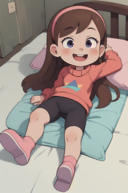 mabel-pines, 1girl, solo, long_hair, smile, brown_hair, hairband, cute eyes, sweater, blush, (((full body))), bike shorts, young, little body, (((sfw))), front view, happy, bed room in Forrest, lies on bed, lies on back, hair loose in different directions