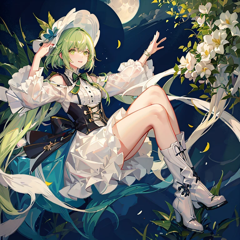 White lilies all around　white large hat　White frill shirt　Green big skirt　Black boots　Her hair is a loosely permed bob.　Hair color is yellow-green　night　The moon is visible　Eyes are yellow　Smiling face with arms outstretched and body facing this way　Mouth open