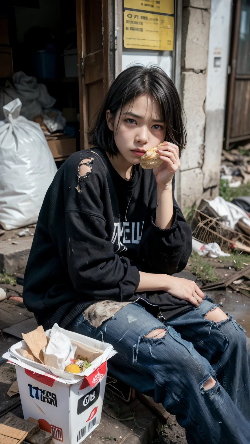 Eating emergency food,aespakarina,Bobcut,Beggar,beggar,(((Homeless))),in abandoned style room,Bad complexion,Dirty,Full of trash,Korean,25-year-old female,Pitch black,Tattered clothes,((( Oil,Mud stains,shit,dirty))),(((Frowning))),((((Rubble pile))),Very fine eye, (((Wearing tattered black clothing,He&#39;s wearing ripped black pants))),(((Tragic))),((photograph)),(((Fabric Shading))), (((highest quality))), (((masterpiece))) Bullish girl, ((((Realistic)))),Black Hair, chic hairstyle, ((With bangs,ストレートミディアムBobcut, nice hair)), Light makeup,Red eyes, (((I&#39;m not wearing lipstick))), (nice), Centered Images, Looking at the camera, Elegant colors,Realistic Skin,Realistic texture,８k,whole body,Pale skin,Red iris,Perfect Face,(((Big eyes))),ruanyi0181