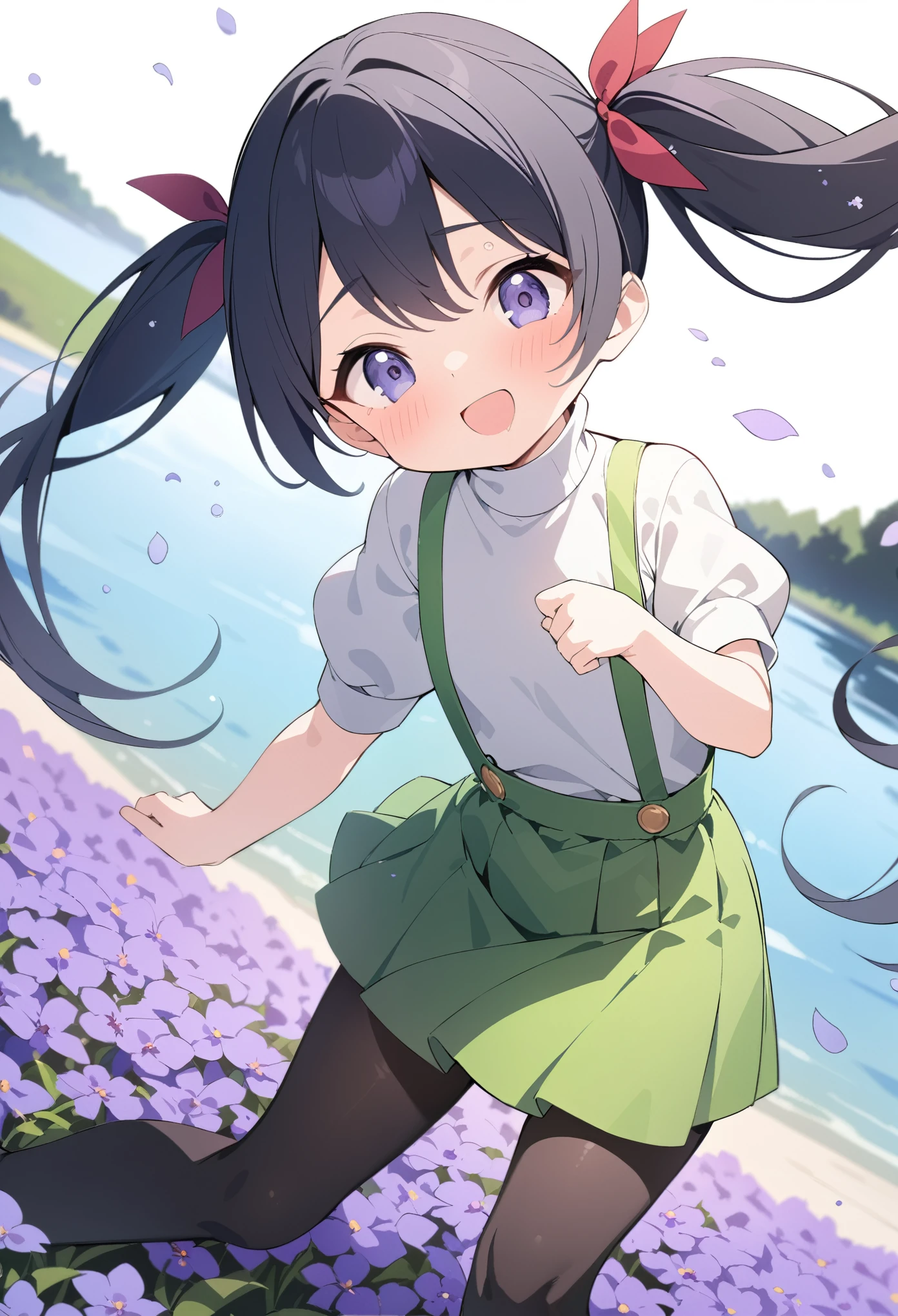 best quality, masterpiece, ultra resolution, super details, anatomically correct, 1 girl, full body, junior child, (black hair:1.2), high quality eyes, high quality hands, (braided high pigtails:1.4), (red ribbons:1.3), (white turtleneck:1.5), short sleeve, (bubble sleeves:1.2), (green skirt:1.5), (green suspenders:1.5), (black pantyhose:1.5), mary janes, (delighted expression:1.3), (arching backwards:1.2), (purple flower field beside a lake:1.3), flying flower flakes, high quality background, depth of field, dutch angle