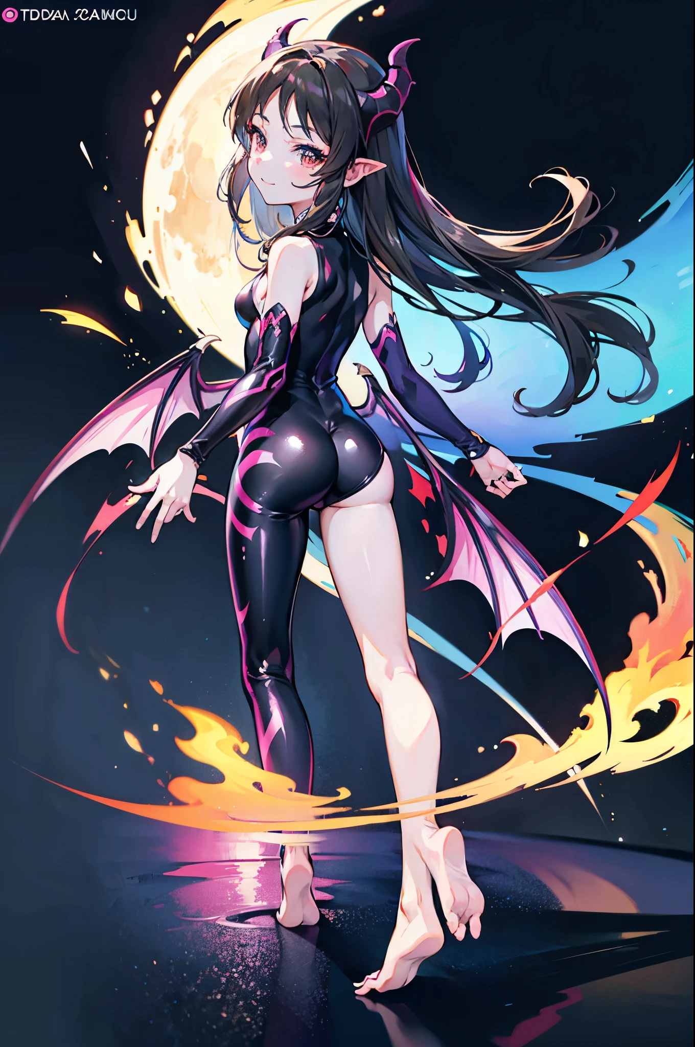 highest quality　Highest quality　Draw a face carefully　High-definition anime-style face　Super Glowing Skin　Black full body suit　barefoot　Succubus　lure　smile　Rear view　Back view