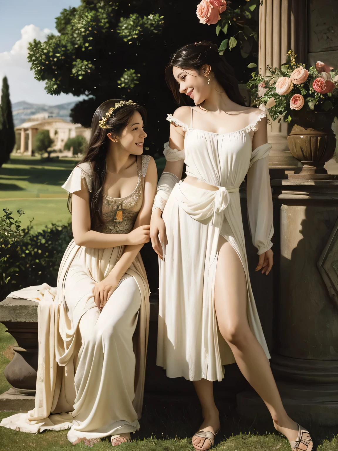 full body portrait or statue、Giorgione painting style,Arguments of two female Philosophe,math、astronomical machine、astronaut、roses in vase、fruits、Cute trinkets、smile、ancient greek costume、Ancient Roman landscape in the style of Nicolas Poussin,laughter,,Sweet and seductive appearance.、Caravaggio's paintings、Chiaroscuro of Caravaggio、hair tousled by the wind,Two women frolicking,cute smile, expression of ecstasy,Sexy,erotic,