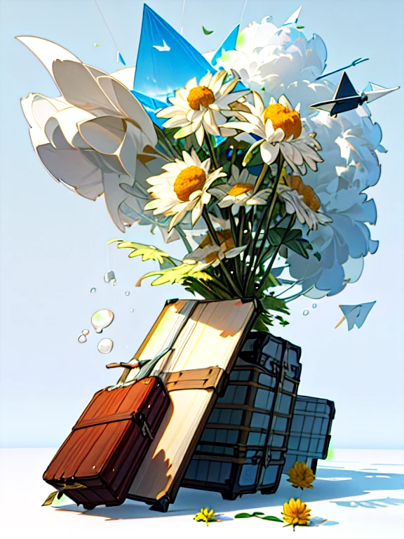 There is a suitcase with a straw hat on top., cloud, atmosphere, leaf, Floating Chrysanthemums, paper airplane, (Miniature: 1.2), 2.5D illustration, 3D Rendering, 3D Modeling, Bubble Mat, Behans 3D Art Trends, Behans 3D Art Trends, 3D illustration, 3D illustration, 3D illustration, Commercial Illustration, Cinema 4D Color Rendering, 3D Rendering stylization, stylized digital illustration, 3D stylized scene, stylized 3D Rendering