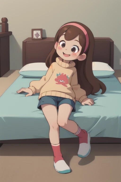 mabel-pines, 1girl, solo, long_hair, smile, brown_hair, hairband, cute eyes, sweater, blush, (((full body))), young, little body, (((sfw))), front view, happy, bed room in Forrest, lies on bed, lies on back, hair loose in different directions, slipping
