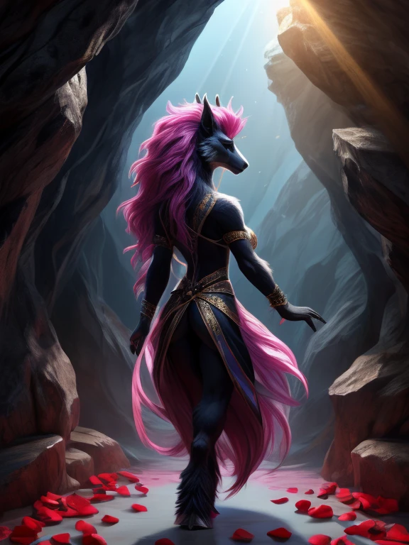 Under the radiant sun, her hot pink mane shimmers like rose petals, a stark contrast to her sparkling black fur that hints at hidden depths. With eyes as red as rubies, she gazes with a knowing look, her gem horn reflecting the light in mysterious ways. Each delicate step of her white hooves leaves whispers of intrigue in the air, alluding to the darkness that lurks within. Standing tall at 7'1", she exudes a mix of allure and enigma, her  yet curvy form a mesmerizing sight. Her flirty charm and elegant grace draw you in, inviting you to explore the shadows that dance beneath the brightness of day.