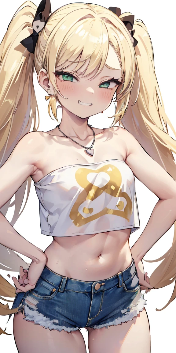 1 girl,heart-shaped pupils, hand on hips, blond hair, ((((blonde hair)))), (((golden blond hair))), ((green eyes)), green colored eyes, long hair, (((long twintails))), Upper body, trembling, Sweat, Sweatdrop, heart, (speed line:1.1), ((Flat milk)), ((heavy breathing:1.3)), like, heart, mesugaki look, Yandere, ((jagged teeth)), small breasts, (((white crop top))), ((solid white crop top)), ((strapless)), midriff, ((short denim shorts)), cowboy shot, ((twin tails)), ((tsundere)), (((evil smile, mesugaki look, smile))), ((earrings)), ((silver necklace)), ((golden bows)), simple white background, (sleveless), adult