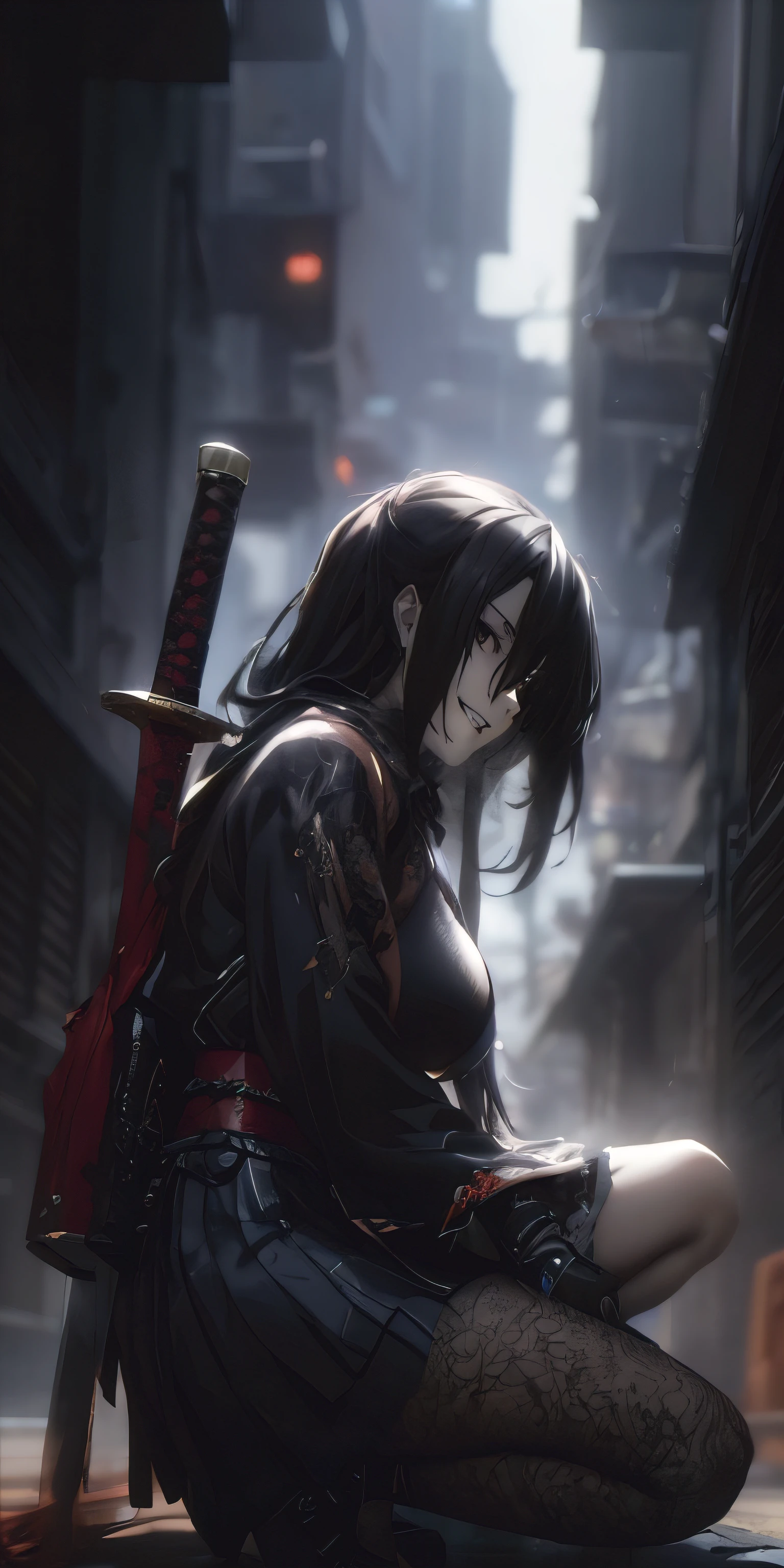 ((black hair, long hair:1.3)), black eyes, pale skin, anatomically correct, heavy breathing, huge breasts, epic art, fantasy, anime girl kneeling down with a sword in her hand, badass anime 8 k, artwork in the style of guweiz, ross tran 8 k, cinematic. by leng jun, 2. 5 d cgi anime fantasy artwork, anime style 4 k, ross tran and wlop, very beautiful cyberpunk samurai, guweiz on artstation pixiv, facing viewer, "glow effects, godrays, Hand drawn, render, 8k, octane render, cinema 4d, blender, dark, atmospheric 4k ultra detailed, cinematic, Sharp focus, big depth of field, Masterpiece, colors, 3d octane render, 4k, concept art, trending on artstation, hyperrealistic, Vivid colors, extremely detailed CG unity 8k wallpaper, trending on CGSociety, Intricate, High Detail, dramatic", (shaded face:1.2), hollow eyes, black eyes, looking at viewer, (heavy breathing:1.2), smirk, upper teeth, 
