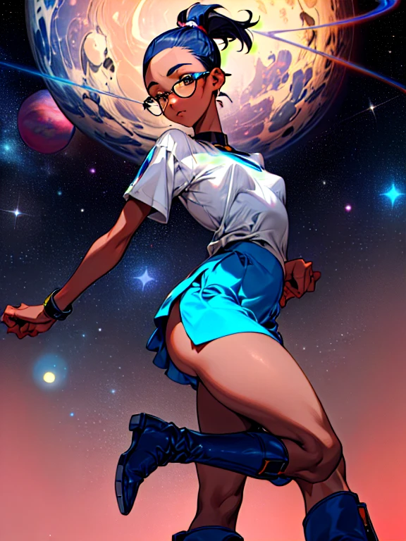 One girl, dark skin, Small breasts, wears thick-framed glasses that accentuate his facial features, Short hair, Ponytail and gray, Silver Shirt, She is wearing a tight shirt underneath her shirt, Vibrant color details reminiscent of stars and planets in space, Blue skirt and high-top boots with non-slip soles,