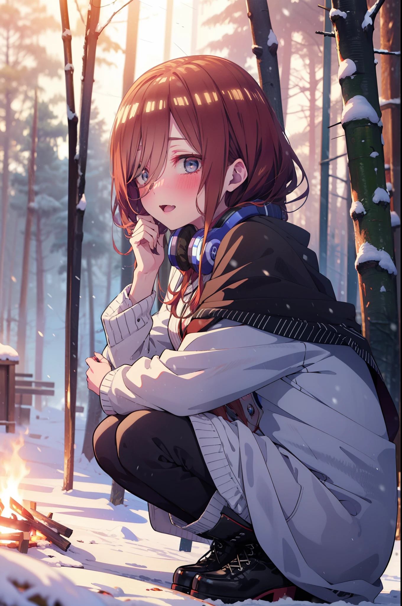 Miku Nakano, Miku Nakano, Long Hair, bangs, Brown Hair, shirt, Hair between the eyes, cardigan, Headphones around neck,smile,blush,White Breath,
Open your mouth,snow,A bonfire on the ground, Outdoor, boots, snowing, From the side, wood, suitcase, Cape, Blurred, Increase your meals, forest, White handbag, nature, Squat, Mouth closed, フードed Cape, winter, Written boundary depth, Black shoes, red Cape break looking at viewer, Upper Body, whole body, break Outdoor, forest, nature, break (masterpiece:1.2), highest quality, High resolution, unity 8k wallpaper, (shape:0.8), (Beautiful and beautiful eyes:1.6), Highly detailed face, Perfect lighting, Highly detailed CG, (Perfect hands, Perfect Anatomy),