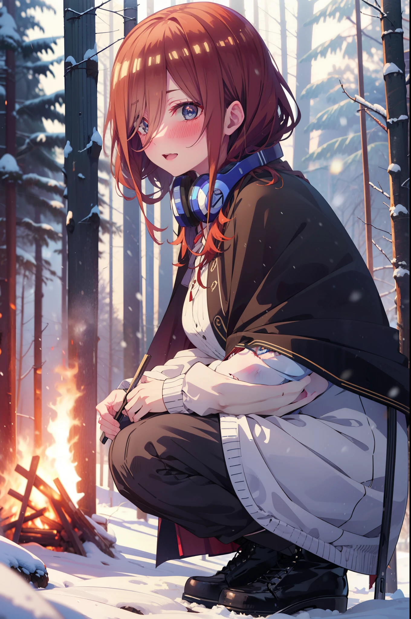 Miku Nakano, Miku Nakano, Long Hair, bangs, Brown Hair, shirt, Hair between the eyes, cardigan, Headphones around neck,smile,blush,White Breath,
Open your mouth,snow,A bonfire on the ground, Outdoor, boots, snowing, From the side, wood, suitcase, Cape, Blurred, Increase your meals, forest, White handbag, nature, Squat, Mouth closed, フードed Cape, winter, Written boundary depth, Black shoes, red Cape break looking at viewer, Upper Body, whole body, break Outdoor, forest, nature, break (masterpiece:1.2), highest quality, High resolution, unity 8k wallpaper, (shape:0.8), (Beautiful and beautiful eyes:1.6), Highly detailed face, Perfect lighting, Highly detailed CG, (Perfect hands, Perfect Anatomy),