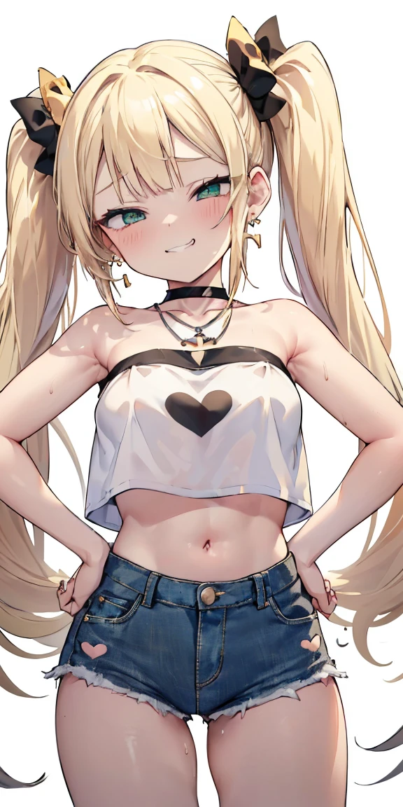 1 girl,heart-shaped pupils, hand on hips, blond hair, ((((blonde hair)))), (((blond hair))), ((green eyes)), green colored eyes, long hair, (((long twintails))), Upper body, trembling, Sweat, Sweatdrop, heart, (speed line:1.1), ((Flat milk)), ((heavy breathing:1.3)), like, heart, mesugaki look, Yandere, ((jagged teeth)), small breasts, (((white crop top))), ((solid white crop top)), ((strapless)), midriff, ((short denim shorts)), cowboy shot, ((twin tails)), ((tsundere)), (((evil smile, mesugaki look, smile))), ((earrings)), ((silver necklace)), ((black bows)), simple white background, (sleveless), adult, golden jewelry, golden necklace