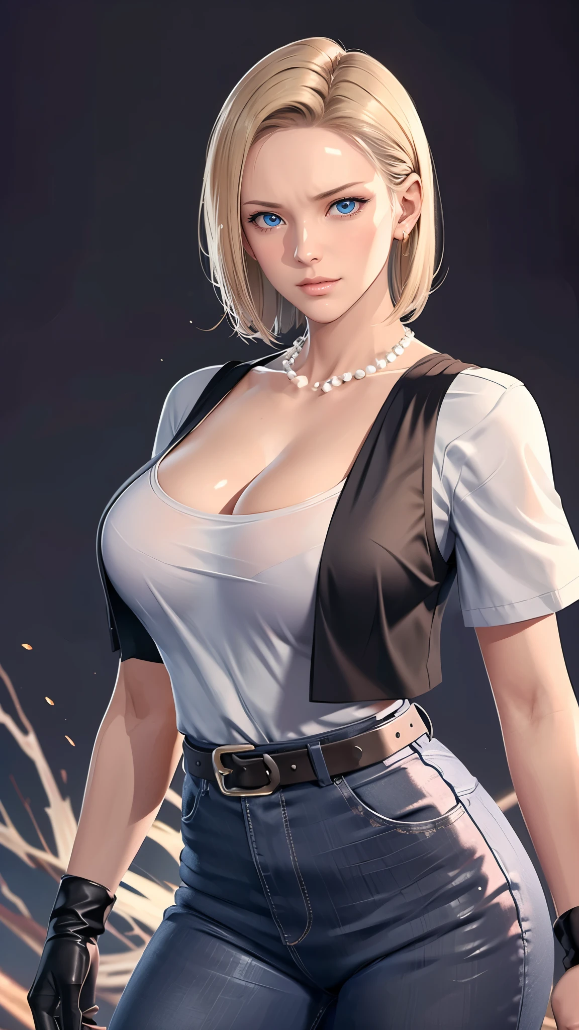 （（（完美figure，figure，solo， （（（belt, jeans, pearl_necklace, bracelet, black gloves, white shirt,short sleeves, earrings, blue pants, open vest, black vest,））），（（（and18, android 18, blonde hair, blue eyes,  short hair, ））），((masterpiece)),high resolution, ((Best quality at best))，masterpiece，quality，Best quality，（（（ Exquisite facial features，Looking at the audience,There is light in the eyes，(（（angry，serious））)，））），型figure:1.7））），（（（Light and shadow，Huge breasts））），（（（Looking at the camera，black background）））