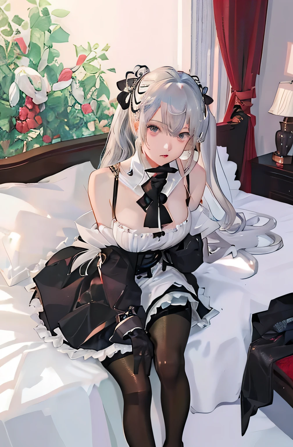 (((1 girl)),Ray Tracing,(Dim lighting),[Detailed Background (Bedroom)),((Silver Hair)),((Silver Hair)),(Fluffy Silver Hair, Plump and slender girl)) Raised ponytail)))) Avoid blonde eyes in the ominous Bedroom ((((Girls、She wears intricately embroidered black high-waisted pants and pantyhose.。) White frilly ribbon gloves), Showing off a delicate, slim figure and graceful curves, Correct limbs, Sitting on the bed、8K、Perfect female body、Red line clothes、8K、High quality、Naughty fashion、Big Breasts、Eros、Lingerie、Pink outfit、bikini、Expose