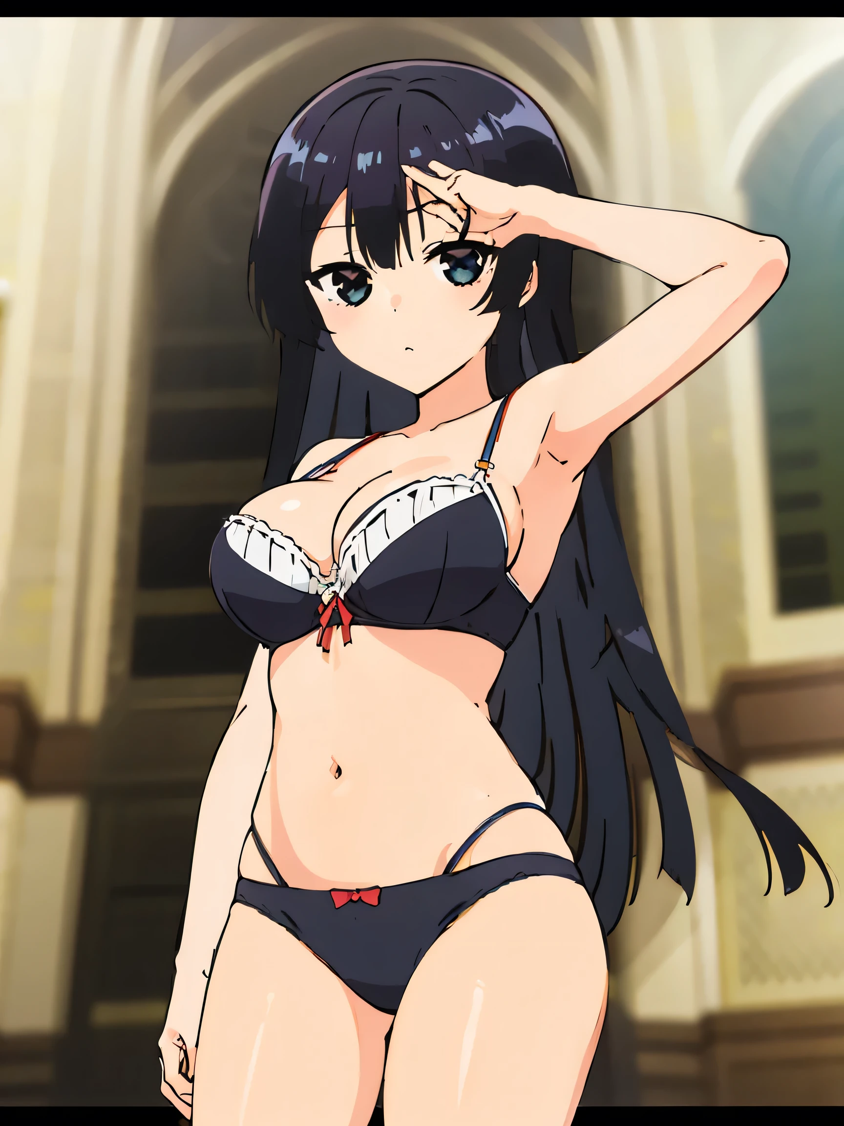 1 Girl、Black Hair、black eye、Expressionless、Long Hair、、High resolution、masterpiece、High resolution、highest quality、Super huge 、Anime Moe Art Style、Cowboy Shot、、Plush panties、lingerie、stomach、bra