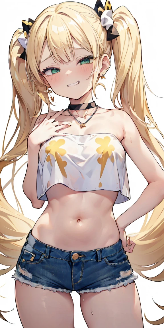 1 girl,heart-shaped pupils, hand on hips, blond hair, ((((blonde hair)))), (((golden blond hair))), ((green eyes)), green colored eyes, long hair, (((long twintails))), Upper body, trembling, Sweat, Sweatdrop, heart, (speed line:1.1), ((Flat milk)), ((heavy breathing:1.3)), like, heart, mesugaki look, Yandere, ((jagged teeth)), small breasts, (((white crop top))), ((solid white crop top)), ((strapless)), midriff, ((short denim shorts)), cowboy shot, ((twin tails)), ((tsundere)), (((evil smile, mesugaki look, smile))), ((earrings)), ((silver necklace)), ((golden bows)), simple white background, (sleveless), adult, (((POV FROM bellow)))