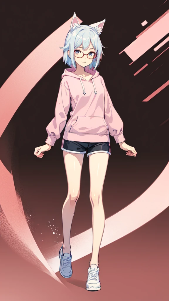 ((Anime style)) 1girl, 20 years old, mechanical limbs, [weapon], skin colored skin, ((wearing a pink hoodie with animal ears)) , (wearing white mini shorts) , sharp eyes, light pink eyes, beautiful eyes, detailed eyes, beautiful silver hair, short hair, wearing glasses, earrings, cute pins on hoodie, holding a game controller, one hand is rested on her chest, medium chest size, perfect arms, perfect legs, perfect hands, anatomically correct hands, detailed hands, detailed feet, perfect feet, (small body proportions), smiling, (playful and friendly expression), looking at viewer, ((high quality)), best quality, soft lights, 2K resolution