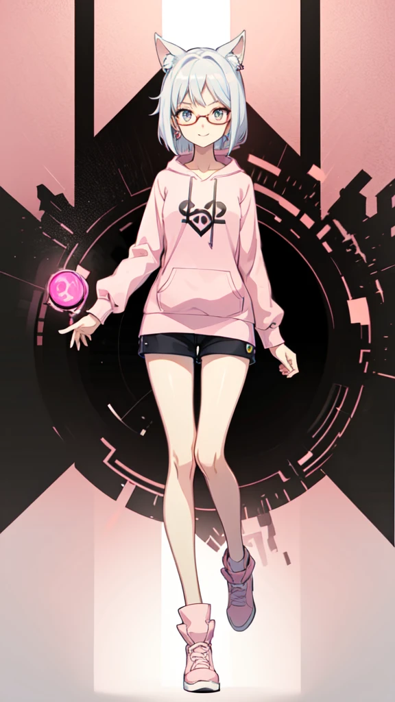 ((Anime style)) 1girl, 20 years old, mechanical limbs, [weapon], skin colored skin, ((wearing a pink hoodie with animal ears)) , (wearing white mini shorts) , sharp eyes, light pink eyes, beautiful eyes, detailed eyes, beautiful silver hair, short hair, wearing glasses, earrings, cute pins on hoodie, holding a game controller, one hand is rested on her chest, medium chest size, perfect arms, perfect legs, perfect hands, anatomically correct hands, detailed hands, detailed feet, perfect feet, (small body proportions), smiling, (playful and friendly expression), looking at viewer, ((high quality)), best quality, soft lights, 2K resolution