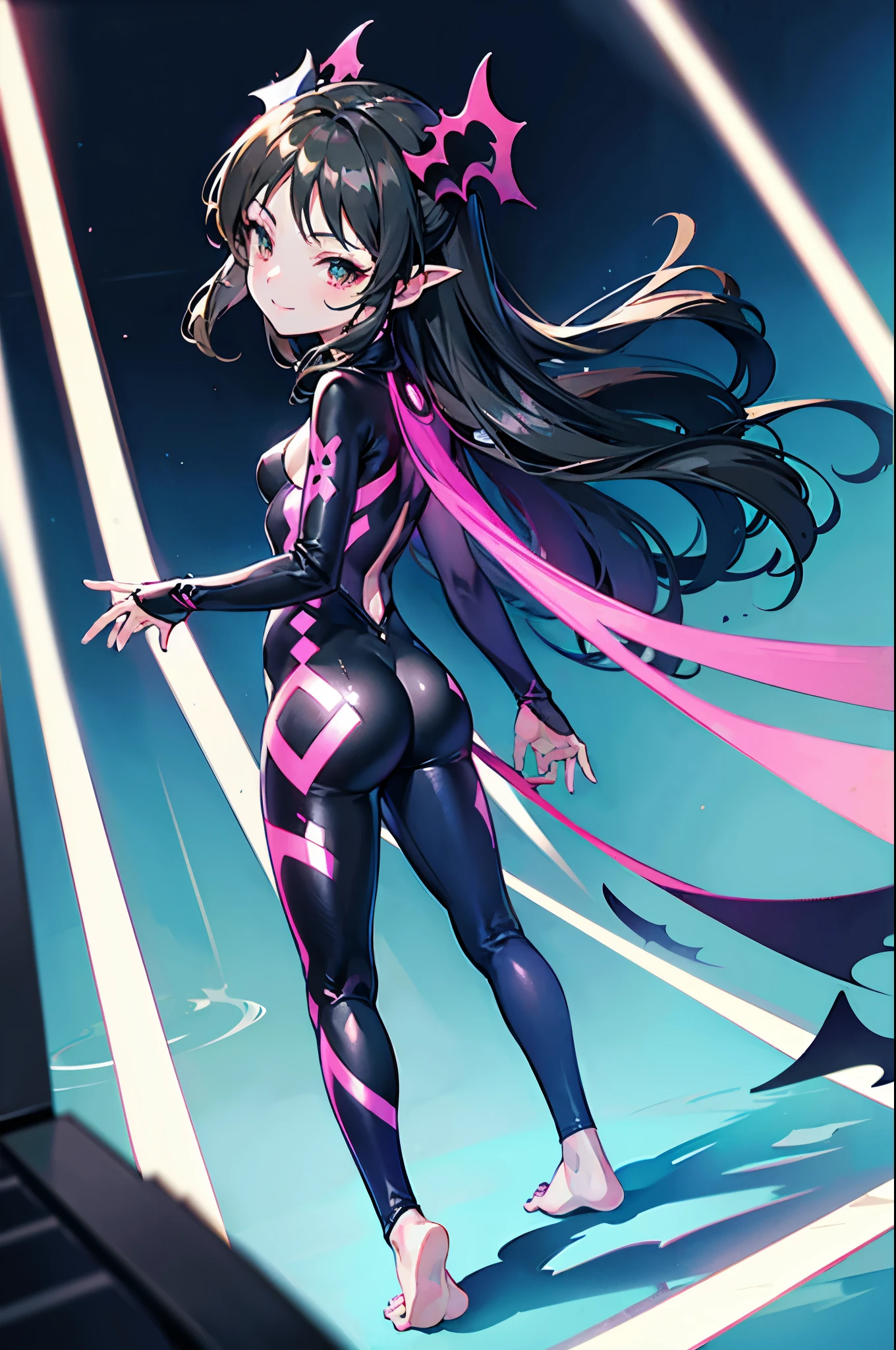 highest quality Highest quality Draw a face carefully High-definition anime-style face Super Glowing Skin Black full body suit barefoot Succubus lure smile Rear view Back view
