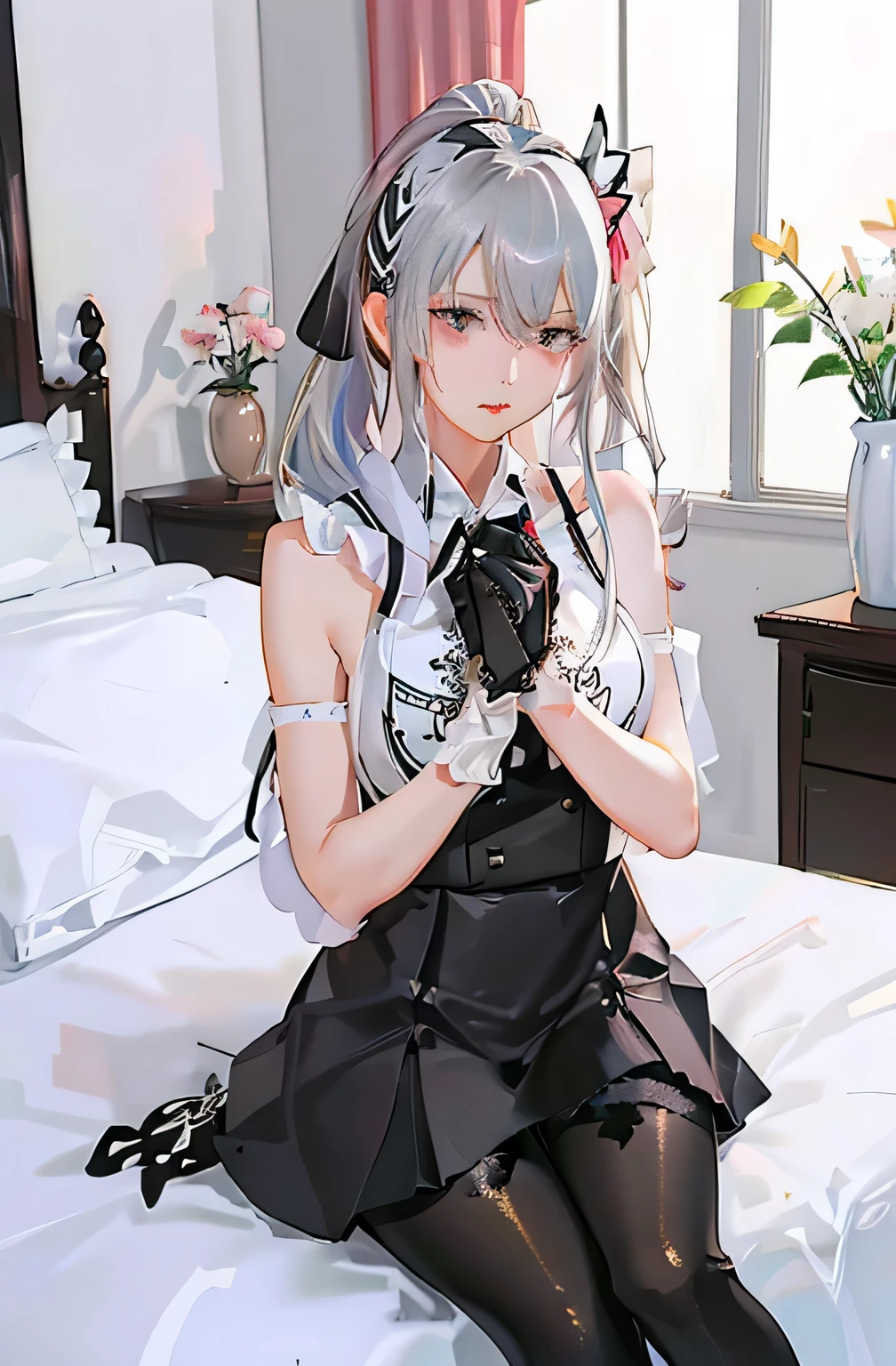 (((1 girl)),Ray Tracing,(Dim lighting),[Detailed Background (Bedroom)),((Silver Hair)),((Silver Hair)),(Fluffy Silver Hair, Plump and slender girl)) Raised ponytail)))) Avoid blonde eyes in the ominous Bedroom ((((Girls、She wears intricately embroidered black high-waisted pants and pantyhose.。) White frilly ribbon gloves), Showing off a delicate, slim figure and graceful curves, Correct limbs, Sitting on the bed、8K、Perfect female body、Red line clothes、8K、High quality、Naughty fashion、Big Breasts、Eros、Lingerie、Pink outfit、bikini、Expose