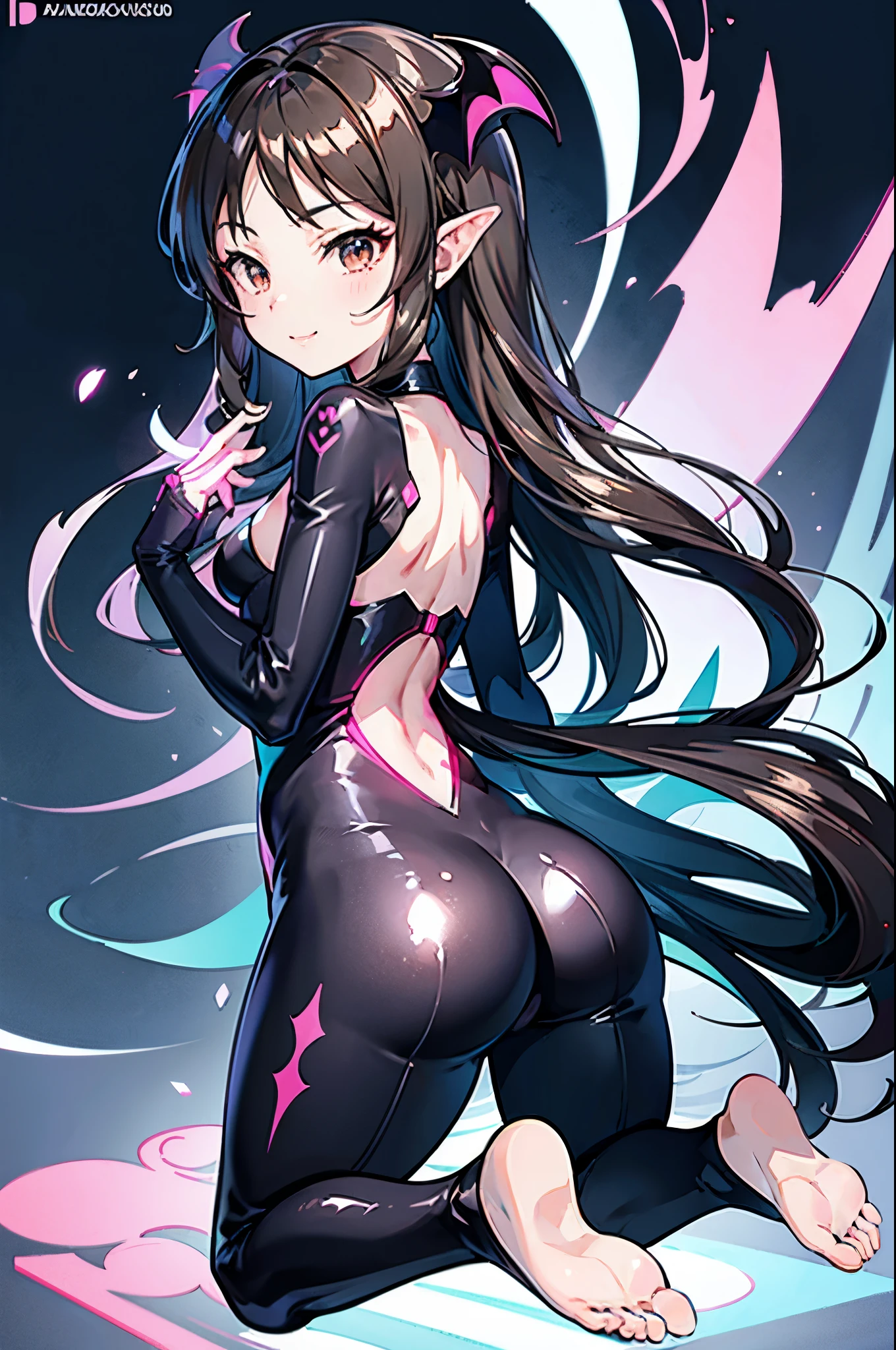 highest quality Highest quality Draw a face carefully High-definition anime-style face Super Glowing Skin Black full body suit barefoot Succubus lure smile Rear view Back view
