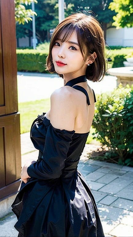 ((best qualtiy, 8K, tmasterpiece:1.3)), Focus:1.2, perfect figure beautiful woman:1.4, Cocked buttocks:1.2, ((Cut hair in layers:1.2)), (medium tits),(Bandeau dress:1.5), Highly detailed facial and skin texture, A detailed eye, double eyelid,Whiten skin,long whitr hair,(Keep one's mouth shut:1.3),ssmile