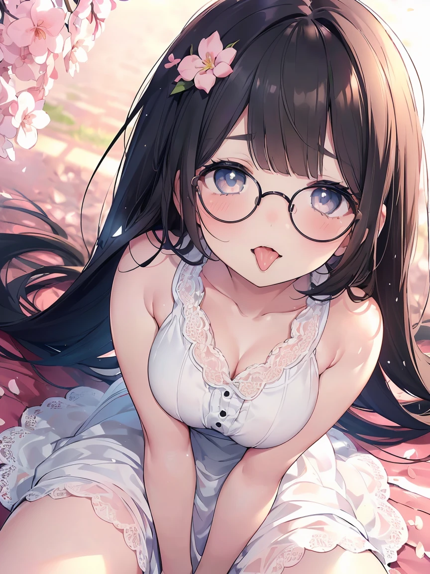 Very detailed, highest quality, High resolution, Moe Anime, ((Cute girl with black hair and droopy eyes)), ((Wearing large round glasses:1.4)), (Baby Face), Cute eyes, Detailed eye depiction, Sparkle in the eyes, View your viewers, Dark eye color, Pale skin, (Big eyes:1.4, Droopy eyes:1.4, Fatty face:1.4), smile, Focus on the face, In the park with cherry blossoms falling, Sitting, (Extreme close up of tongue), (((From above))), Open your mouth, (((Face only:1.3))), ((white lace sleeveless dress)), Bright Eyes, Light from the front, (Put your hands between your legs:1.4), large and long tongue, Cleavage