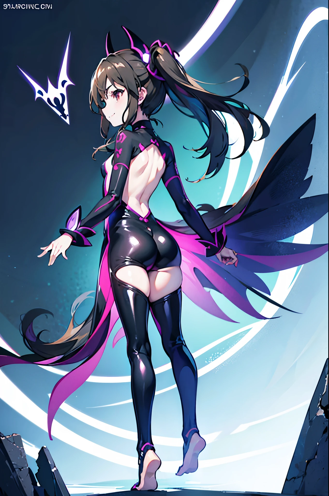 highest quality　Highest quality　Draw a face carefully　High-definition anime-style face　Super Glowing Skin　Black full body suit　barefoot　Succubus　lure　smile　Rear view　Back view