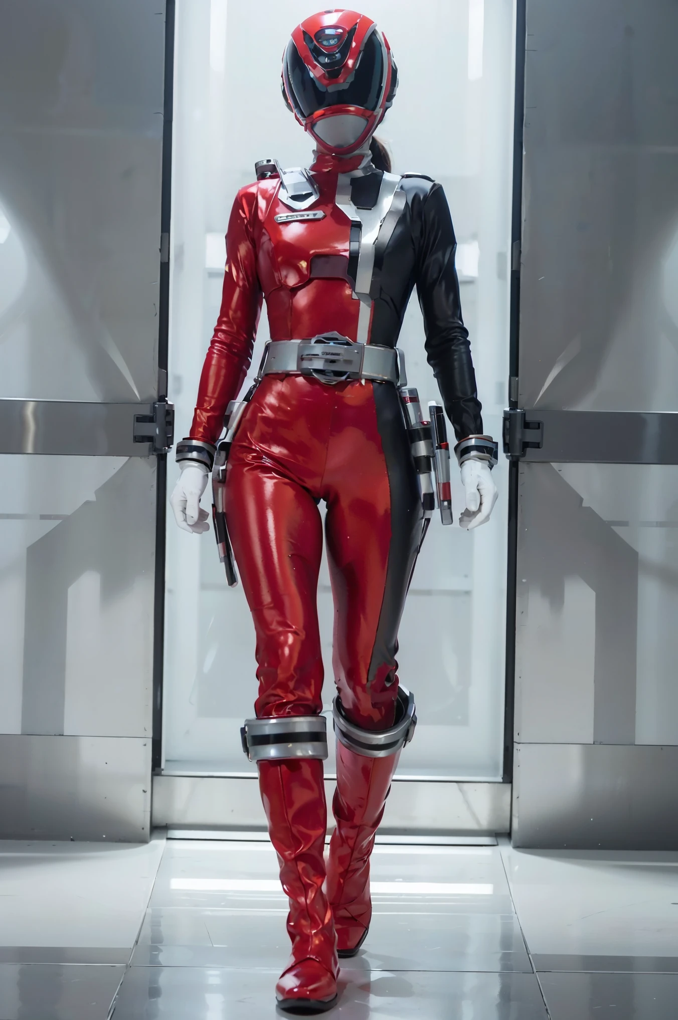 ((power ranger)), One guy Red costume, Solo, ((slim figure)), (Anatomically correct), Cowboy Shot, Masked face, (Complex cybersuit of red intricately designed hero suit), Suits with complex lines, Thin cybersuit with a tight body, long leather gloves up to the white elbows,,,,, Arm cover made of hard material, White Leather Boots, Wearing a full-face helmet, (White belt), (Large metal buckle), (full body suits), (Full face helmet with no exposed face), Crystal embedded in a helmet, (Very shiny cybersuit), Cyber suit made of silk, A cybersuit that adheres to the body, 
