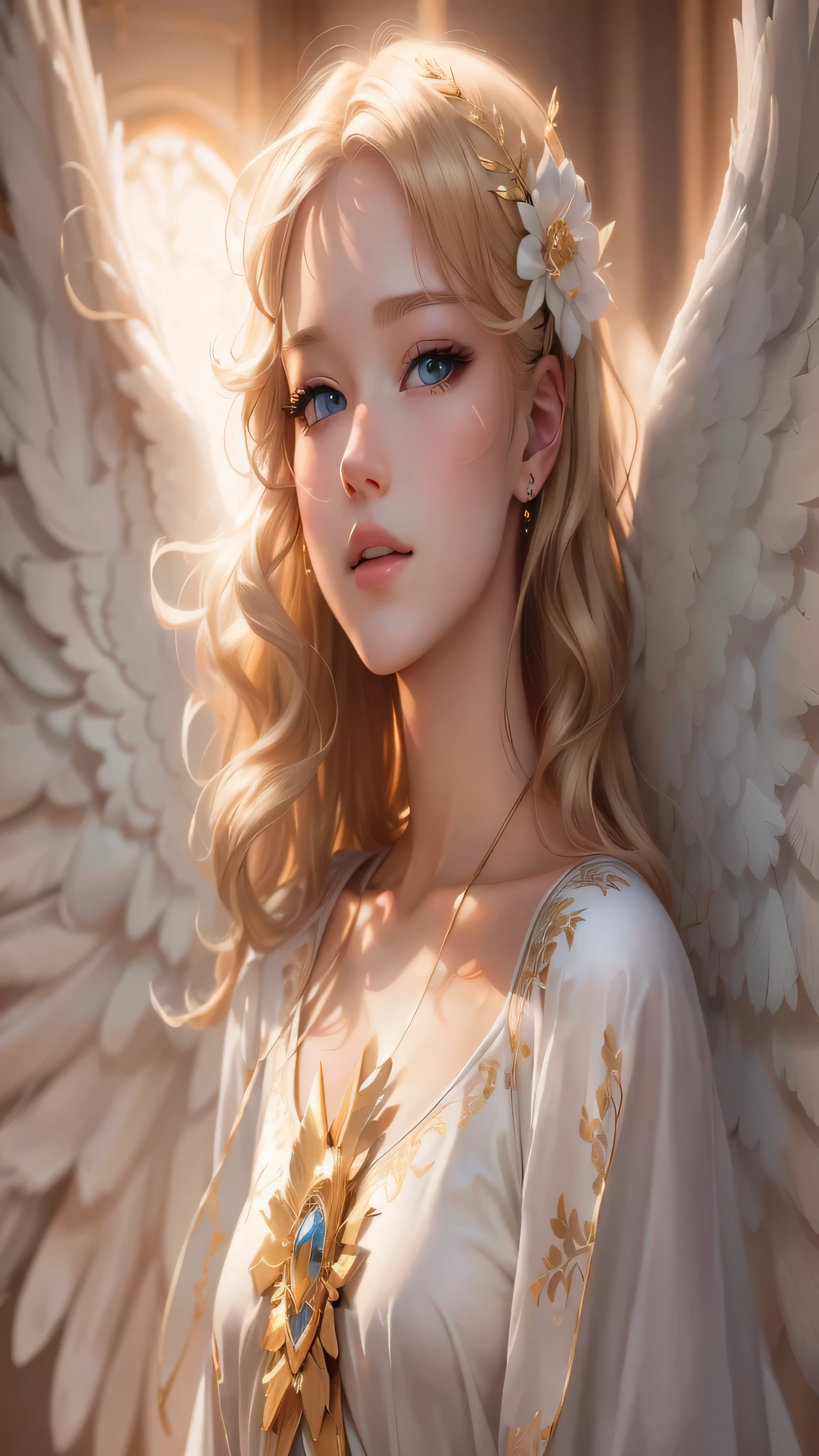 Blonde angel with golden wings and blue eyes, portrait of a Beautiful angel, of Beautiful angel, of an beautiful Angel Girl, Beautiful angel, Beautiful woman angel, beautiful Angel Girl portrait, Angel Girl, Angelic face, Angelic, by ヤン・J, Lots of Angelic pictures, Majestic angel all over the body, Beautiful digital art, ArtJam. Anime illustration