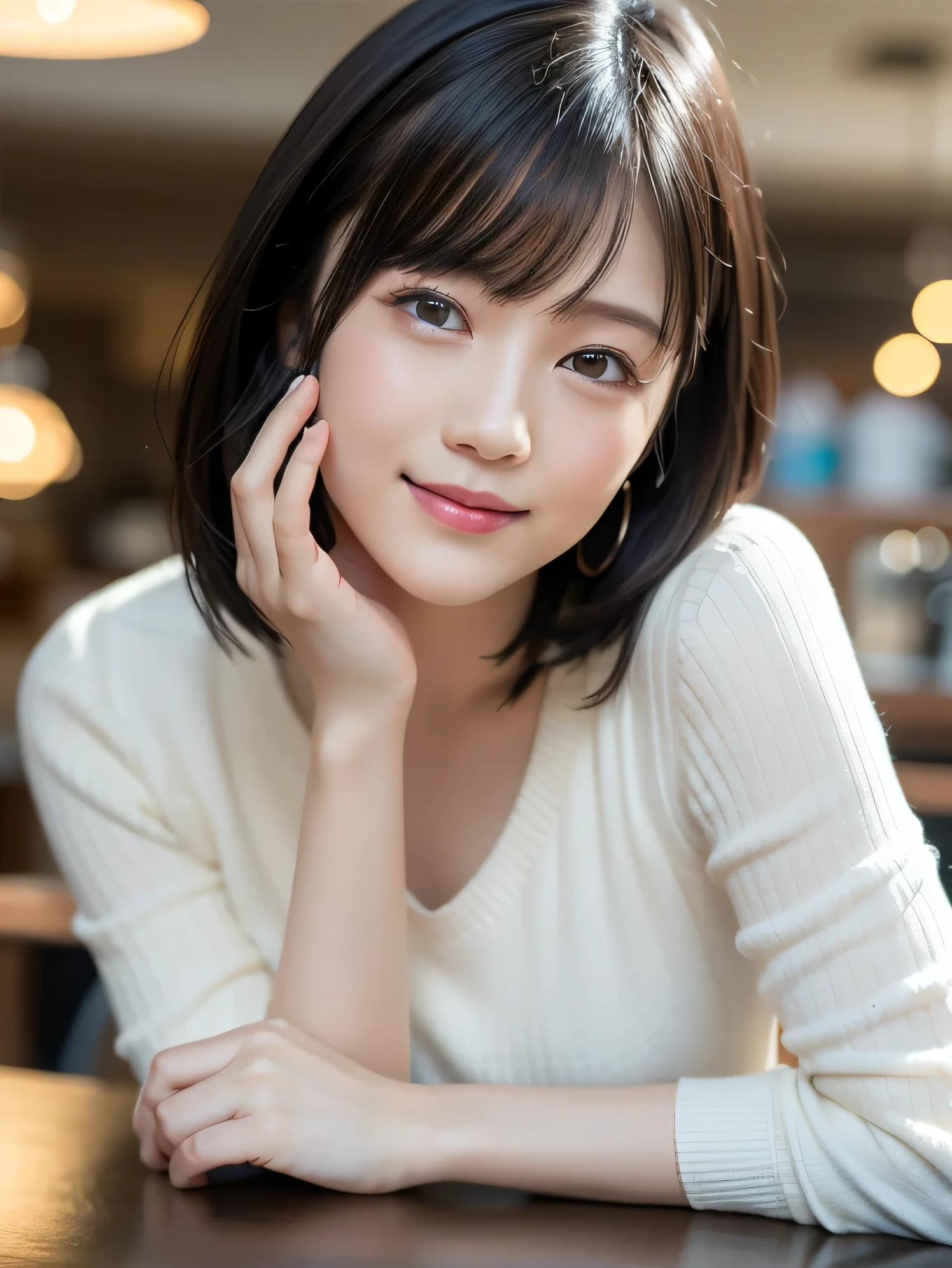 (highest quality:1.5)、(Realistic:1.5)、(1 person:1.5)、Very detailed、High resolution、8k wallpaper、、(Leaning forward)、forward leaning posture、Leaning forward、Cute woman wearing a shirt、Small breasts、Natural color lips、Cute smile、Japanese women、20 year old girl、Thin eyebrows、Beautiful and elegant face、cute face、cute eyes、Big eyes、Fair skin、Beautiful and elegant face、Natural Bangs、Beautiful and thin nose、Beautiful Skin、Medium Bob Hair、Natural Bangs、Perfect and beautiful face、Slim face and figure、(Looking at the camera with a cute expression)、(Bright lighting)、Professional Lighting、 (Lighting from the front)、Natural smile、Beautiful clavicle、cute cleavage、Natural smile、cute、Brightly lit cafe、