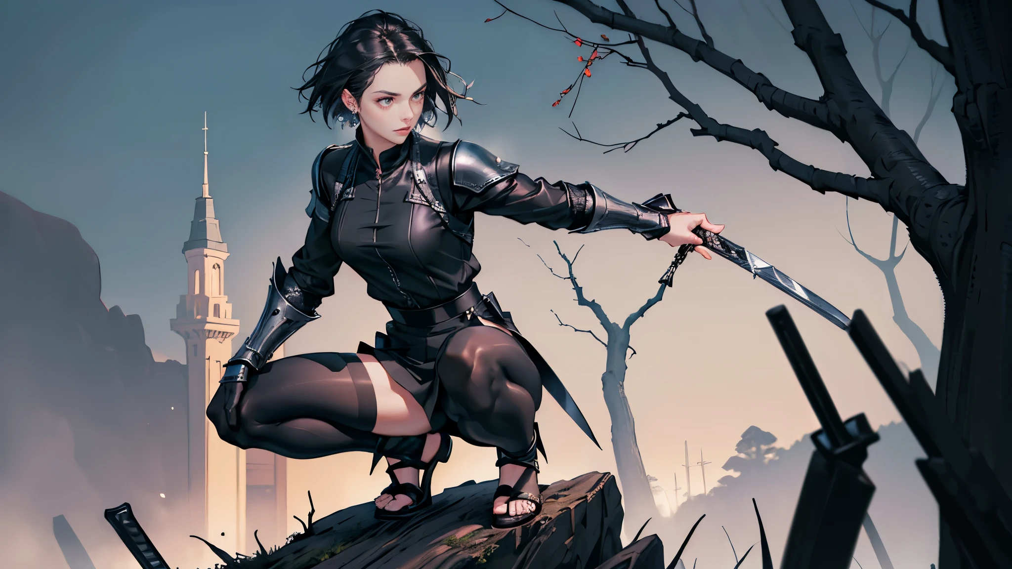 masterpiece, ultra detailed, 8K Portrait, Raw photo, portrait photo of a female, Full body, Highly detailed face, ((Fantasy)), (((Assassin Woman))), ((Young beautiful)), 23 years old, solo, (((Tight eyes))), Dynamic Pose, (((Black very short hair))), ((Forehead)), (((long-sleeved Black tight shirt))), (((Black culottes))), (black tights:1.5), leather armor, (((Equip Crimson Gauntlet))), (((Leather Sole Sandals))), black body stockings, (((Equip two black short swords))), Midnight Moon, Hyper realistic, Body model, Long legs, ((Slender body)), crouching on a tree branch, Ambient lighting, Shadow details, Camera focus on face, strong breeze, Light fog,