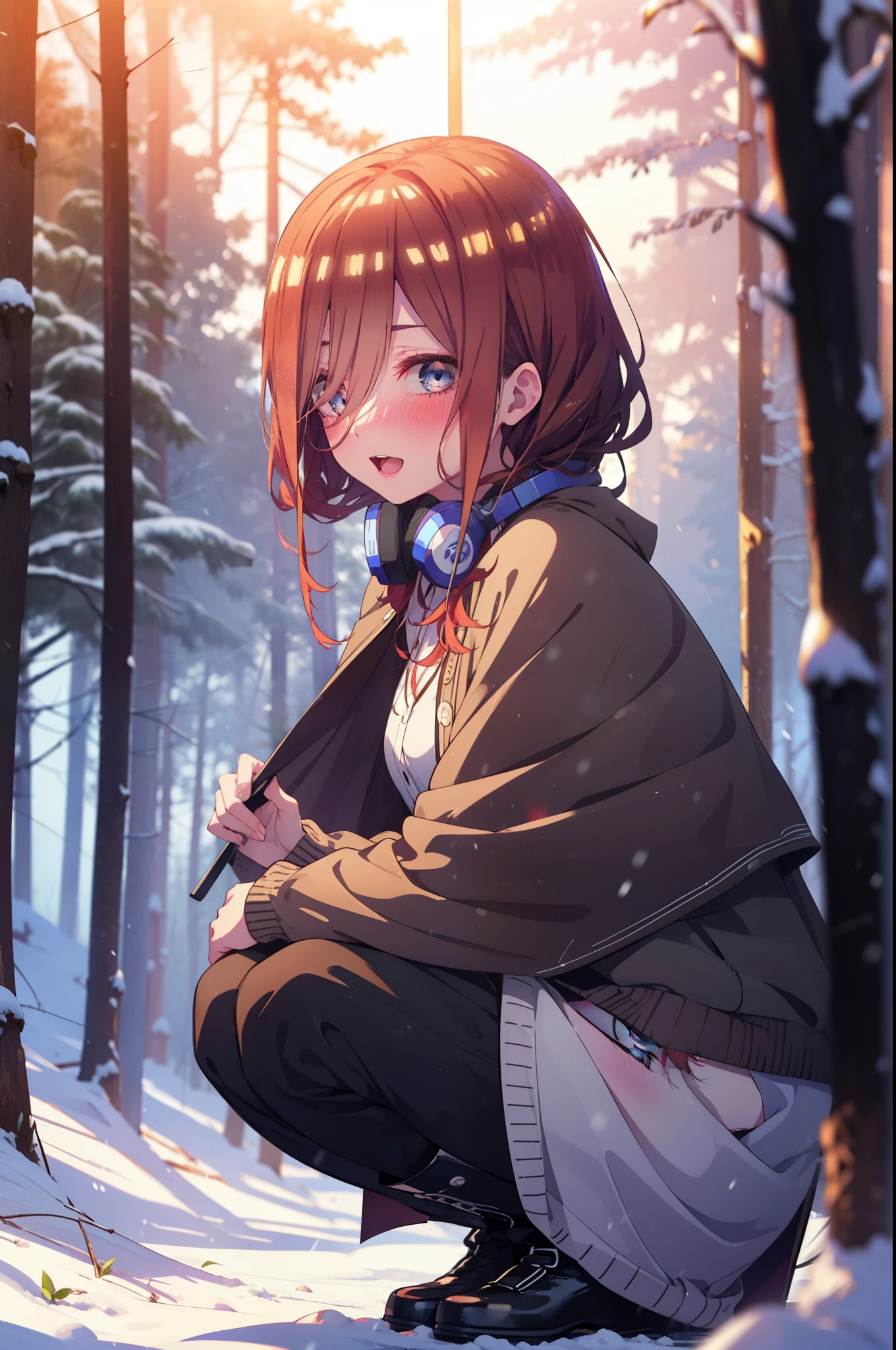Miku Nakano, Miku Nakano, Long Hair, bangs, Brown Hair, shirt, Hair between the eyes, cardigan, Headphones around neck,smile,blush,White Breath,
Open your mouth,snow,A bonfire on the ground, Outdoor, boots, snowing, From the side, wood, suitcase, Cape, Blurred, Increase your meals, forest, White handbag, nature, Squat, Mouth closed, フードed Cape, winter, Written boundary depth, Black shoes, red Cape break looking at viewer, Upper Body, whole body, break Outdoor, forest, nature, break (masterpiece:1.2), highest quality, High resolution, unity 8k wallpaper, (shape:0.8), (Beautiful and beautiful eyes:1.6), Highly detailed face, Perfect lighting, Highly detailed CG, (Perfect hands, Perfect Anatomy),