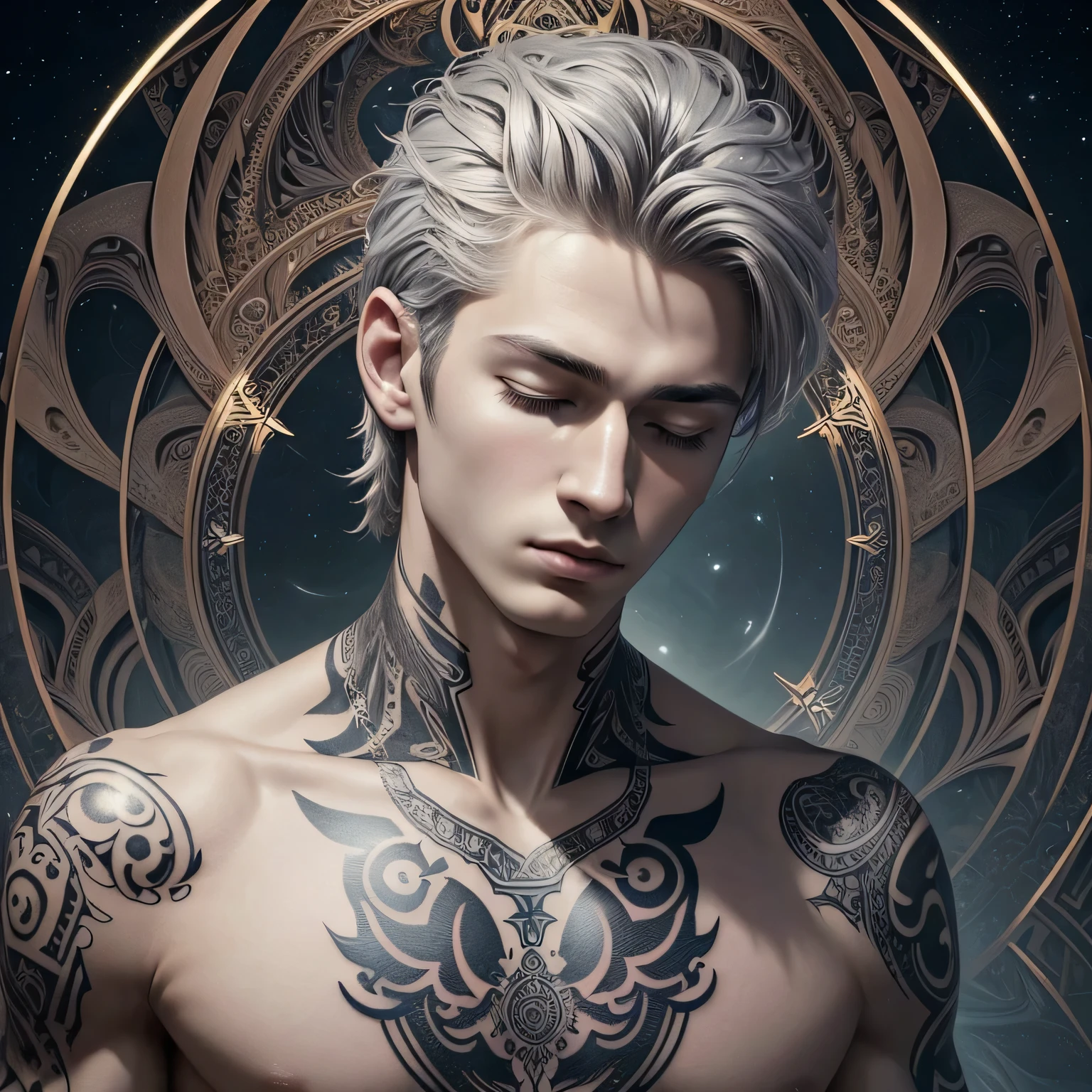 (masterpiece, top quality, best quality, official art, beautiful and aesthetic:1.2), (1boy),upper body, extreme detailed,(fractal art:1.3),highest detailed, handsome, , pale skin, closed eyes, side neck tribal tattoos, grey hair, tarot card background, head facing front