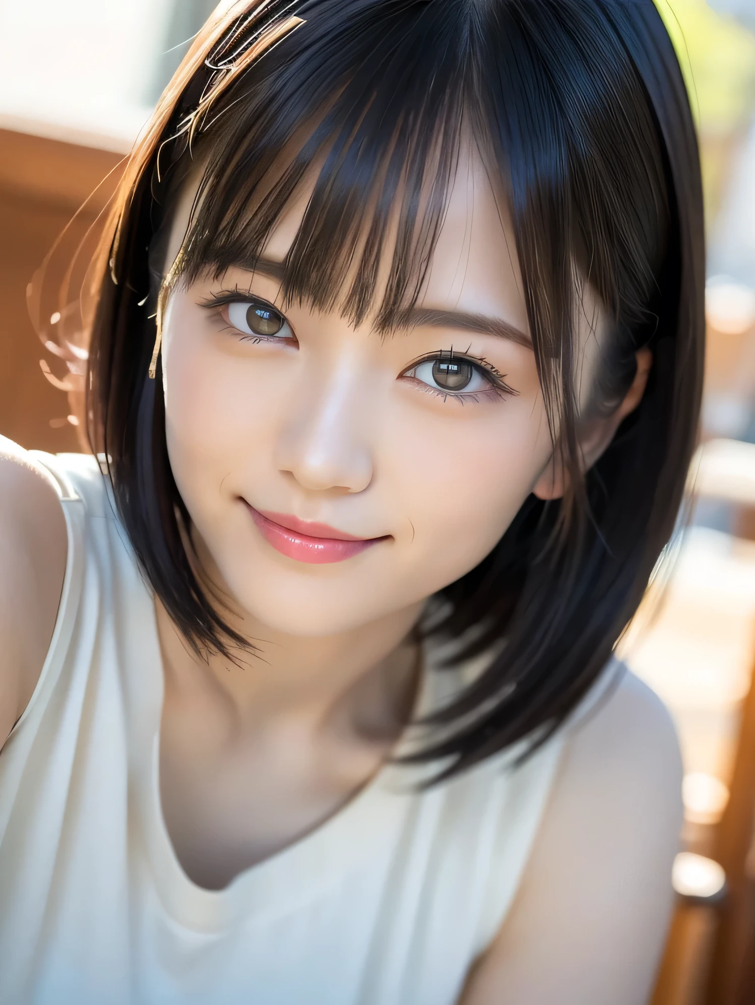 (highest quality:1.5)、(Realistic:1.5)、(1 person:1.5)、Very detailed、High resolution、8k wallpaper、、(Leaning forward)、forward leaning posture、Leaning forward、A woman wearing a cute camisole、Small breasts、Natural color lips、Cute smile、Japanese women、20 year old girl、Thin eyebrows、Beautiful and elegant face、cute face、cute eyes、Big eyes、Fair skin、Beautiful and elegant face、Natural Bangs、Beautiful and thin nose、Beautiful Skin、Medium Bob Hair、Natural Bangs、Perfect and beautiful face、Slim face and figure、（Looking at the camera with a cute expression）、(Bright lighting)、Professional Lighting、 (Lighting from the front)、Natural smile、Beautiful clavicle、cute cleavage、Natural smile、cute、Brightly lit cafe、