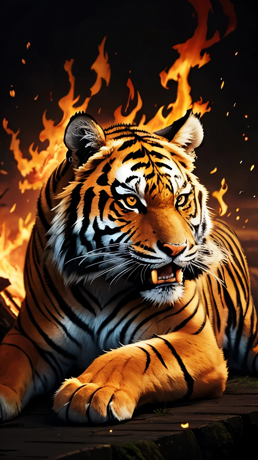 an angry tiger with flames Wildlife Animals