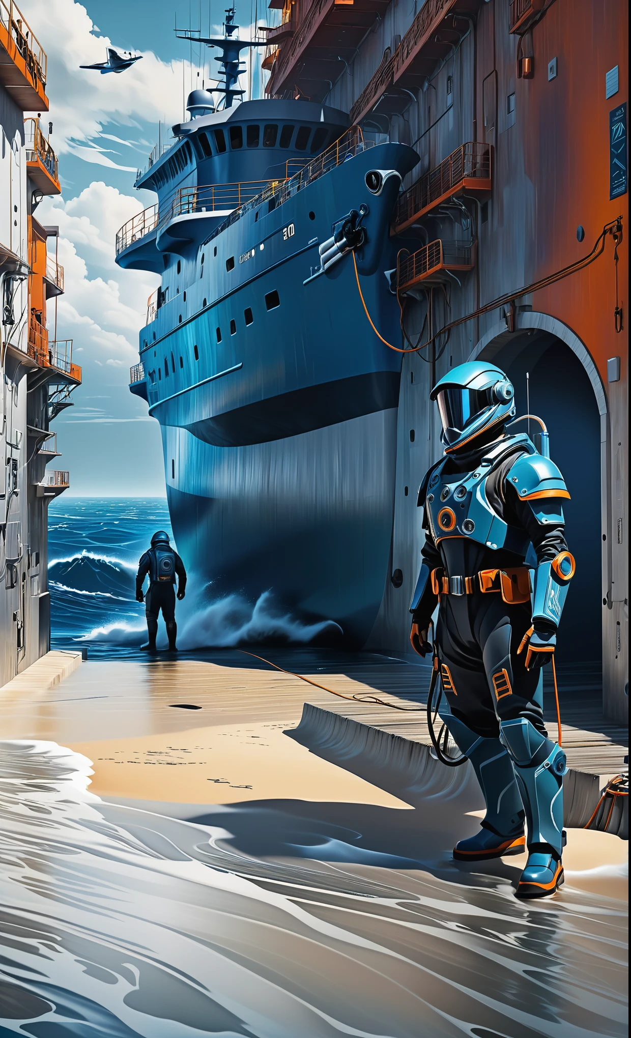Nazare Nautica vol.2 - Port and shipyard, by Luis Duarte, Nanopunk, blue shading, Nazare style, Element Water, Mythpunk, Graphic Interface, Space Art, Sci-Fic Art, Dark Influence, NijiExpress 3D v3, Kinetic Art, Datanoshing, Oilpainting, Ink v3, Splash style, Abstract Art, Abstract Tech, Cyber Tech Elements, Futuristic, Epic style, Illustrated v3, Deco Influence, AirBrush style, drawing