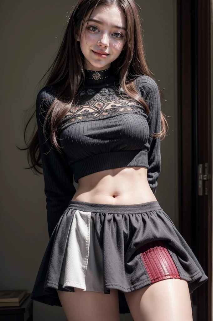 (masterpiece:1.0), (best quality:1.0), ((highly intricate details)), 1girl, from front, hands on back, red mini skirt, white woll crop top, choker, cute, sensual, smiling, alluring, seductive, flirting, long straight hair, dark violet hair, bedroom, 