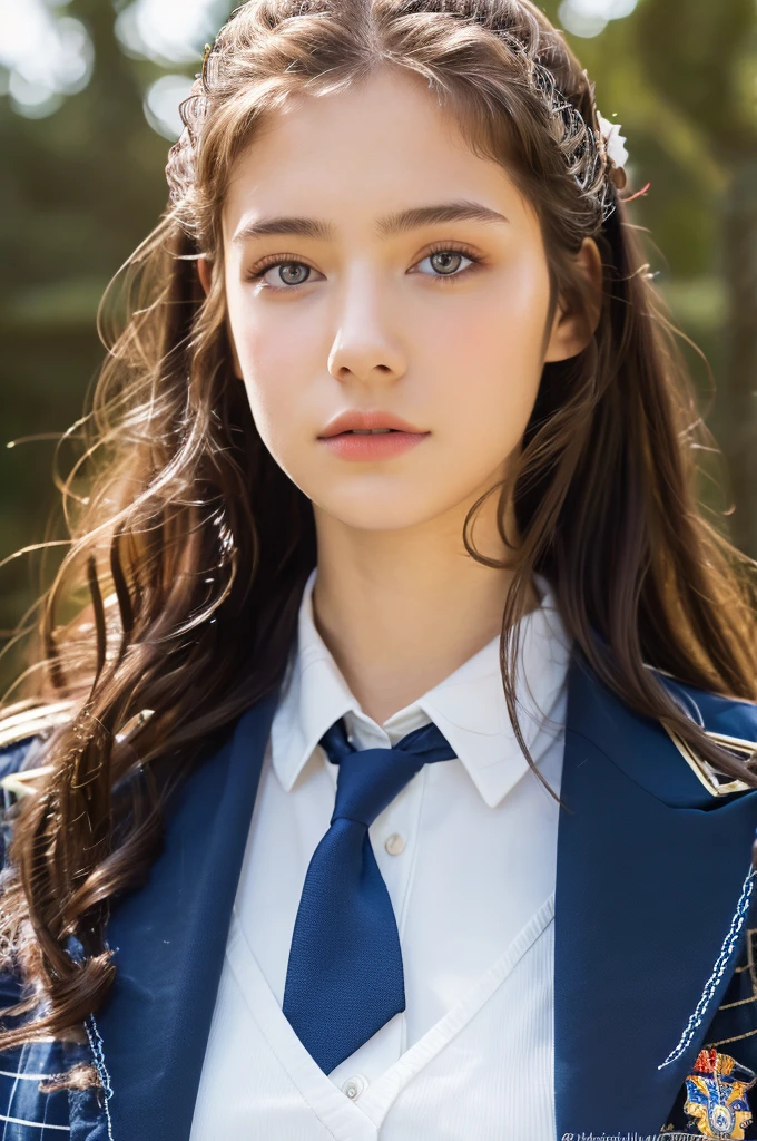 ( masterpiece, top quality, best quality,8k,17 years old girl,ultra detailed,raw photo:1.5),(photorealistic:1.4),(cinematic lighting), PerfectNwsjMajic, , Surrealism, UHD, ccurate, Super detail, textured skin, High detail, Best quality, dynamic angle, (high nose,White skin),[Beautiful blue eyes],[flat chest:large breasts:0.5],(1girl),(good anatomy:0.5)), school uniforms , royal school ,upper body