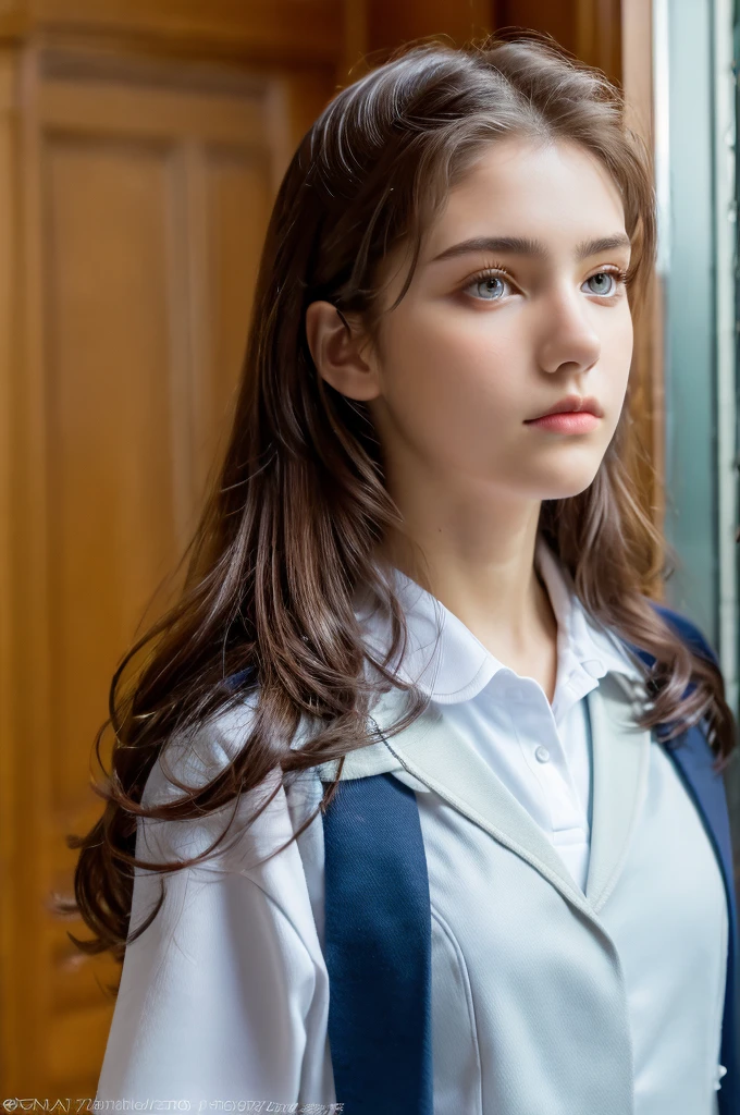 ( masterpiece, top quality, best quality,8k,17 years old girl,ultra detailed,raw photo:1.5),(photorealistic:1.4),(cinematic lighting), PerfectNwsjMajic, , Surrealism, UHD, ccurate, Super detail, textured skin, High detail, Best quality, dynamic angle, (high nose,White skin),[Beautiful blue eyes],[flat chest:large breasts:0.5],(1girl),(good anatomy:0.5)), school uniforms , royal school ,upper body
