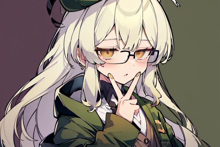 long ahoge,shirt,White hair,Brown eyes,circle-glasses,Brown tie,brown skirt,dark green beret,Dark green jacket,girl with,steampunkai,sleepeace,retro city background,jitome,hand to own mouth