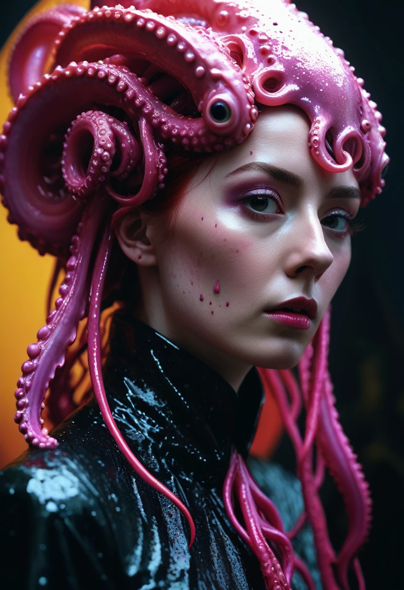 8K, ARTISTIC photogrAphy, best quAlity, mAsterpiece: 1.2), A (potrAit:1.2) witch BLOOD Cthulhu nun QUEEN, EYES, PINK many octopus style tentacles, full body RAW candid cinema, RED hair, 16mm, color graded portra 400 film, remarkable color, ultra realistic, sad admosphere, dark lighting, oppressive atmosphere, depressive colors, kodak portra 400, photograph,r, Natural Light, Pinhead lighgts, blur reflection, Brush Strokes, Smooth, abstract, Splatter, Oil On Canvas, rainbow colors, fractal isometrics details bioluminescens : a stunning realistic photograph of wet bone structure, 3d render, octane render, intricately detailed, titanium decorative headdress, cinematic, trending on artstation | Isometric | Centered