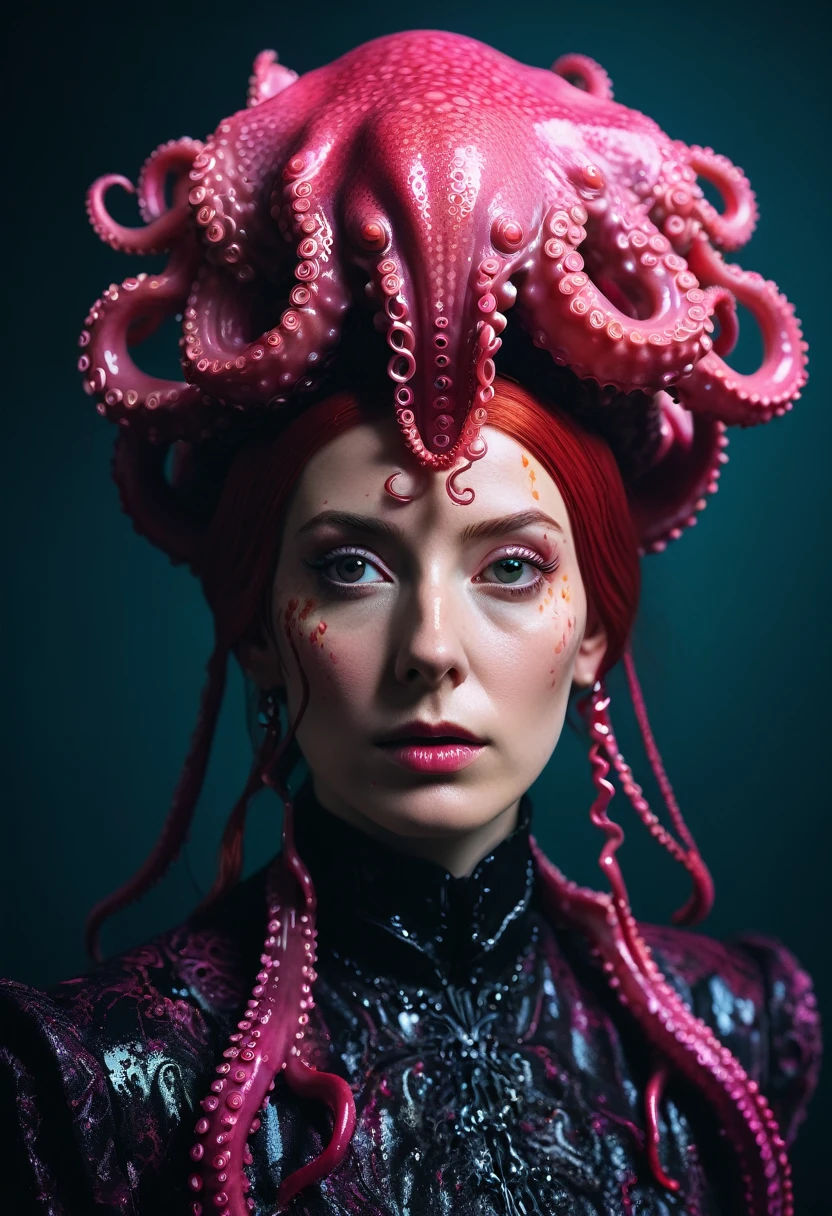 8K, ARTISTIC photogrAphy, best quAlity, mAsterpiece: 1.2), A (potrAit:1.2) witch BLOOD Cthulhu nun QUEEN, EYES, PINK many octopus style tentacles, full body RAW candid cinema, RED hair, 16mm, color graded portra 400 film, remarkable color, ultra realistic, sad admosphere, dark lighting, oppressive atmosphere, depressive colors, kodak portra 400, photograph,r, Natural Light, Pinhead lighgts, blur reflection, Brush Strokes, Smooth, abstract, Splatter, Oil On Canvas, rainbow colors, fractal isometrics details bioluminescens : a stunning realistic photograph of wet bone structure, 3d render, octane render, intricately detailed, titanium decorative headdress, cinematic, trending on artstation | Isometric | Centered