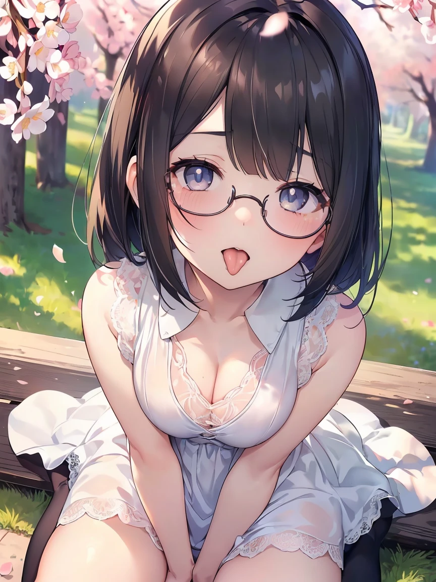 Very detailed, highest quality, High resolution, Moe Anime, ((Cute girl with black hair and droopy eyes)), ((Wearing large round glasses:1.4)), (Baby Face), Cute eyes, Detailed eye depiction, Sparkle in the eyes, View your viewers, Dark eye color, Pale skin, (Big eyes:1.4, Droopy eyes:1.4, Fatty face:1.4), smile, Focus on the face, In the park with cherry blossoms falling, Sitting, (Extreme close up of tongue), (((From above))), Open your mouth, (((Face only:1.3))), ((white lace sleeveless dress)), Bright Eyes, Light from the front, (Put your hands between your legs:1.4), large and long tongue, Cleavage